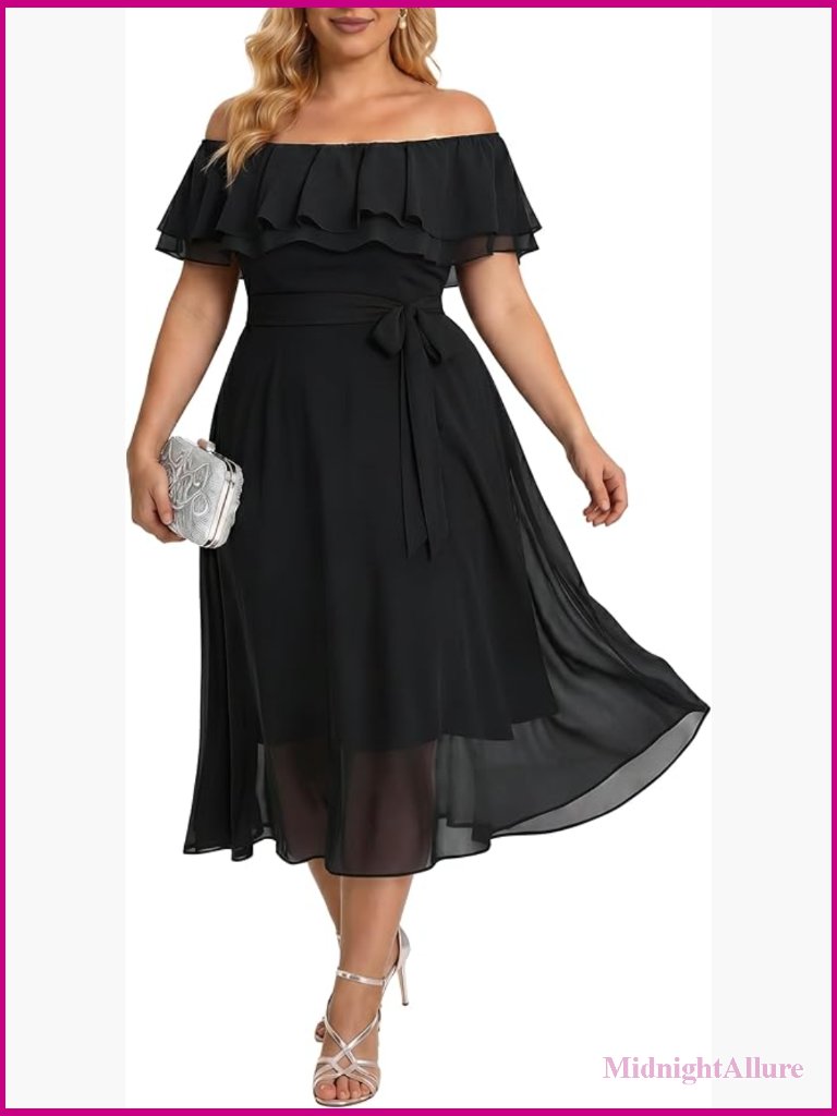Plus Size Formal Ruffle Off Shoulder Cocktail Midi Dress Wedding Guest A-Line